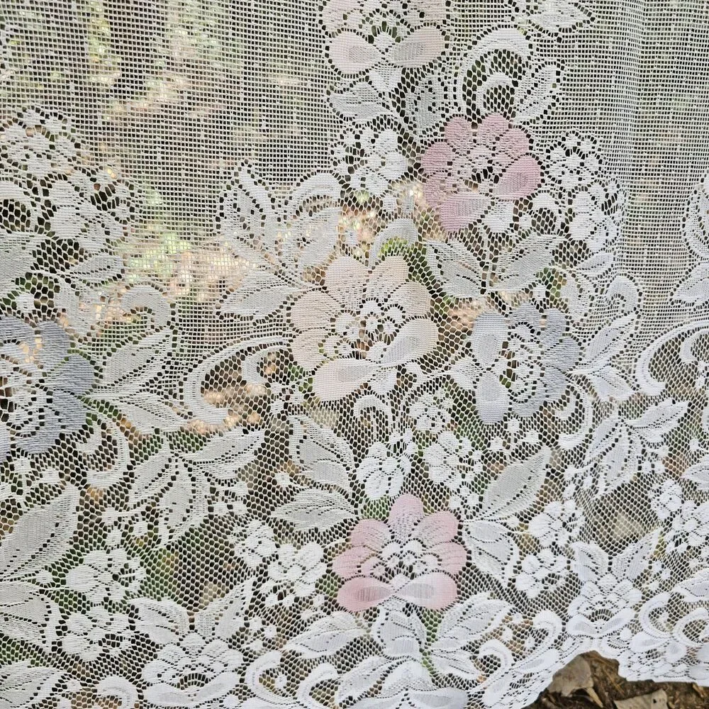 Vintage 90s JCPenney White Lace Curtains Pastel Floral Accents Scalloped Edge